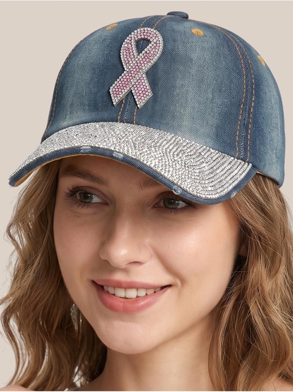 Denim Crystal Pink Ribbon Baseball Cap - Women Accessories